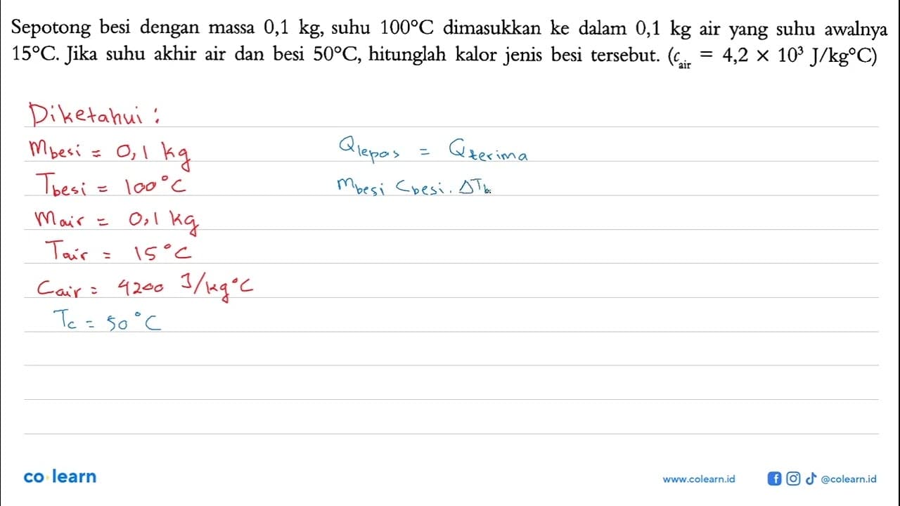 Sepotong besi dengan massa 0,1 kg, suhu 100 C dimasukkan ke