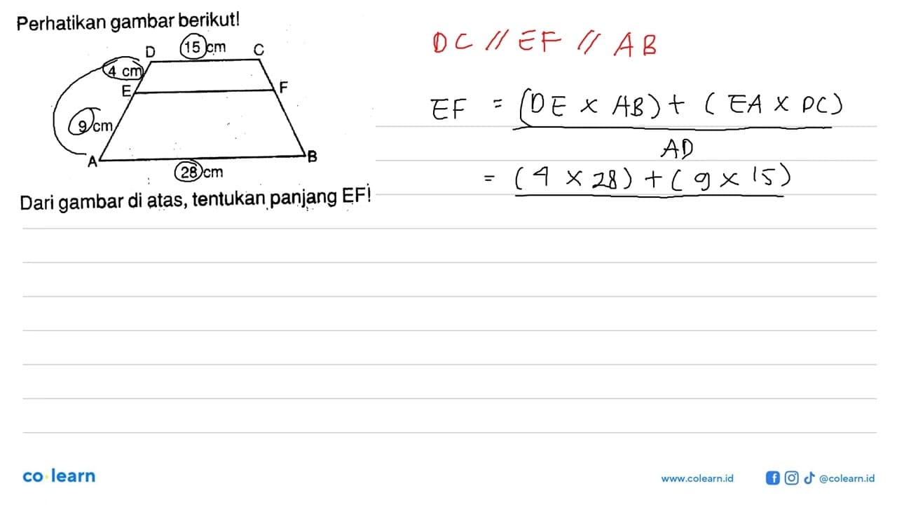 Perhatikan gambar berikut! trapesium 9 cm 4 cm 15 cm 28 cm