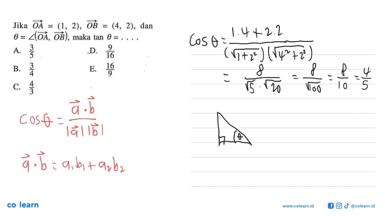 Jika OA=(1,2), OB=(4,2), dan theta = sudut (OA, OB), maka