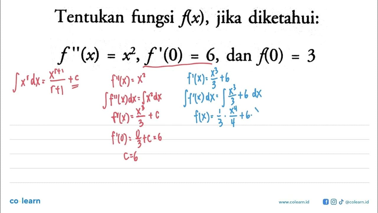 Tentukan fungsi f(x) , jika diketahui:f''(x)=x^2, f'(0)=6,