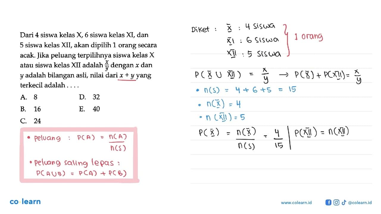 Dari 4 siswa kelas X, 6 siswa kelas XI, dan 5 siswa kelas