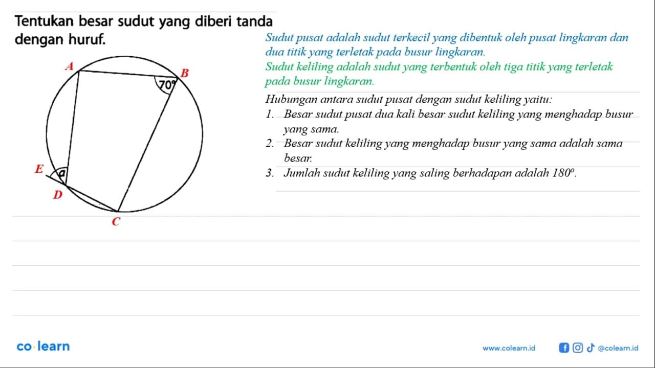 Tentukan besar sudut yang diberi tanda dengan huruf.a 70