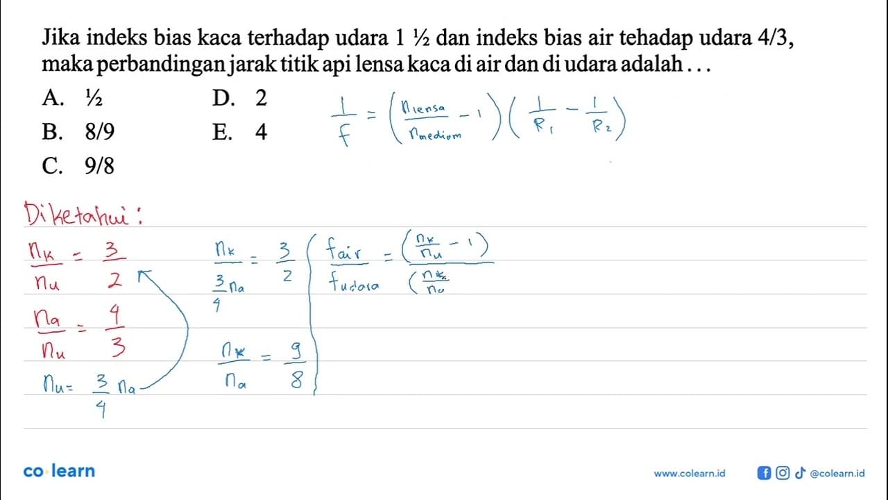 Jika indeks bias kaca terhadap udara 1 1/2 dan indeks bias