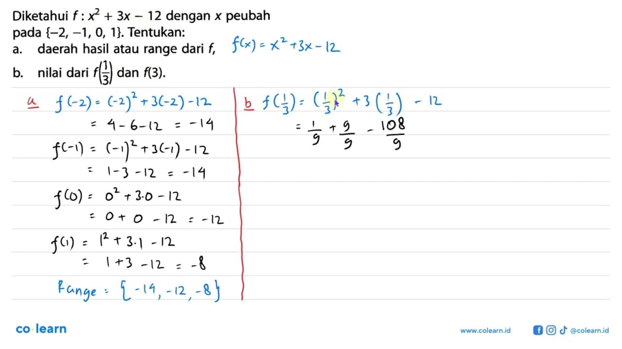 Diketahui f : x^2 + 3x 12 dengan x peubah pada {-2, ~1, 0,