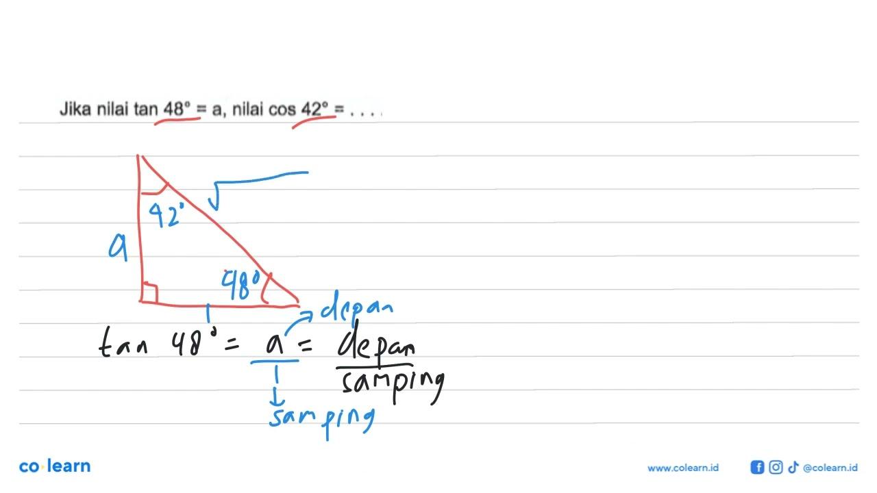 Jika nilai tan 48=a, nilai cos 42=...
