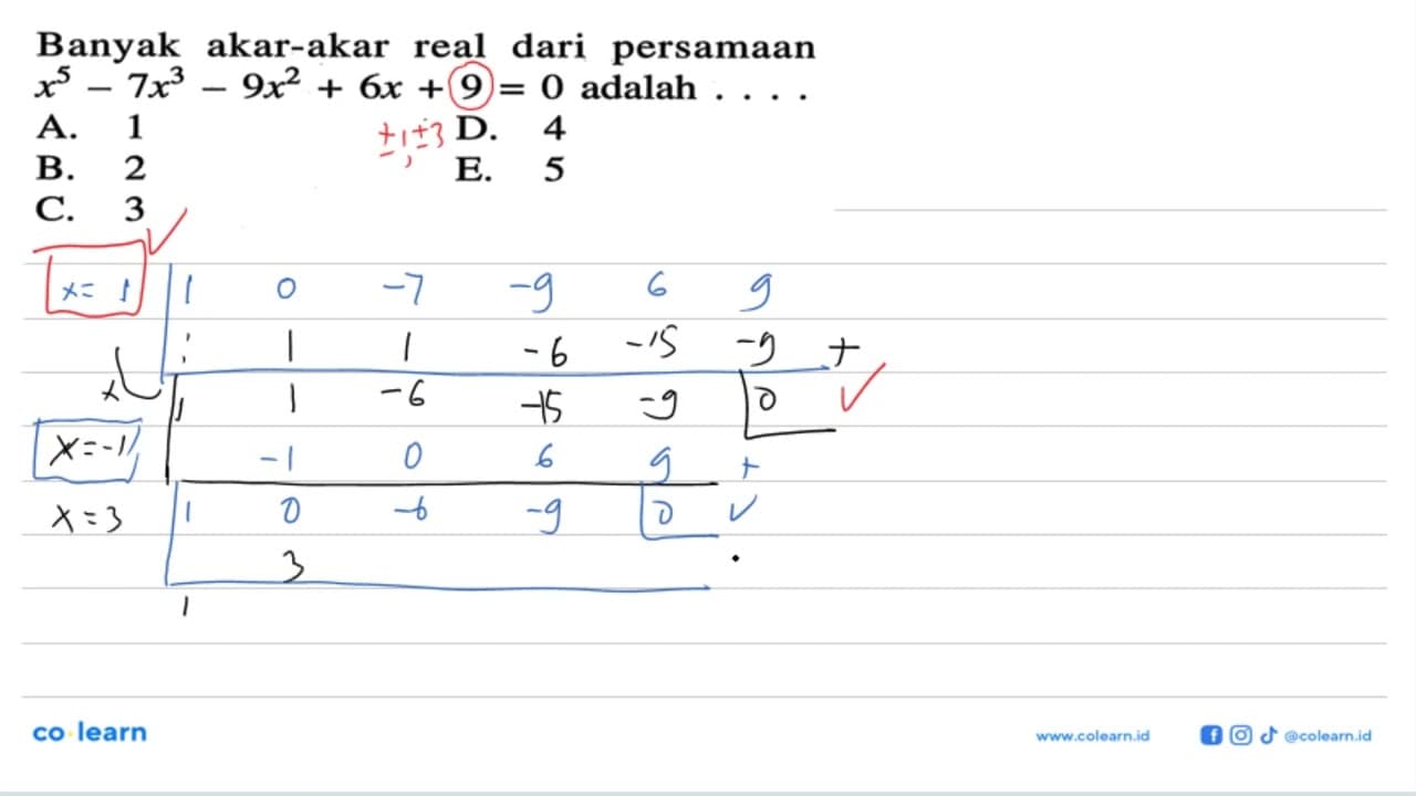 Banyak akar-akar real dari persamaan x^5 - 7x^3 - 9x^2 + 6x