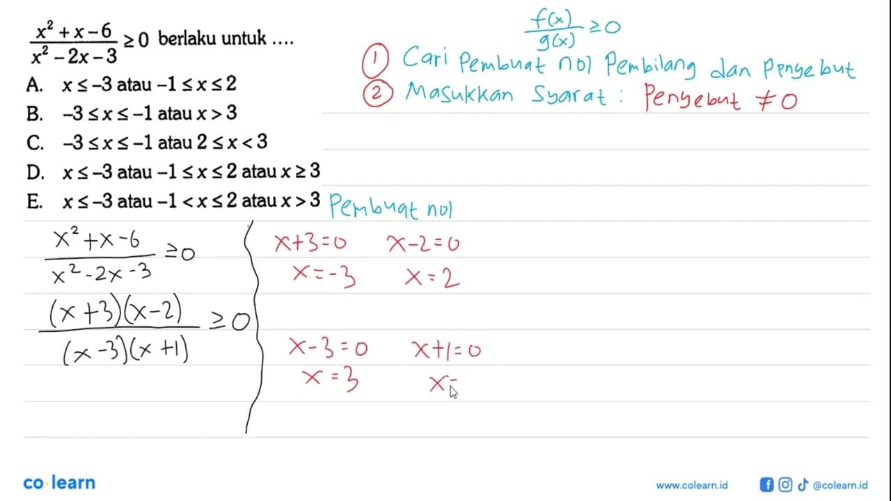 (x^2+x-6)/(x^2-2x-3)>=0 berlaku untuk ....