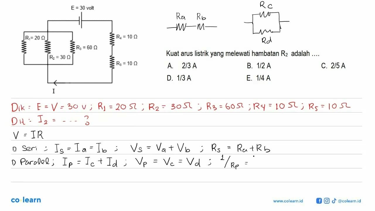 E = 30 volt R1 = 20 Ohm R2 = 30 Ohm R3 = 60 Ohm R4 = 10 Ohm