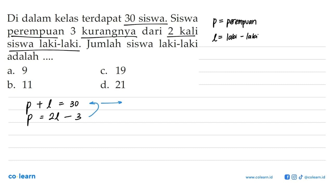 Di dalam kelas terdapat 30 siswa. Siswa perempuan kurangnya