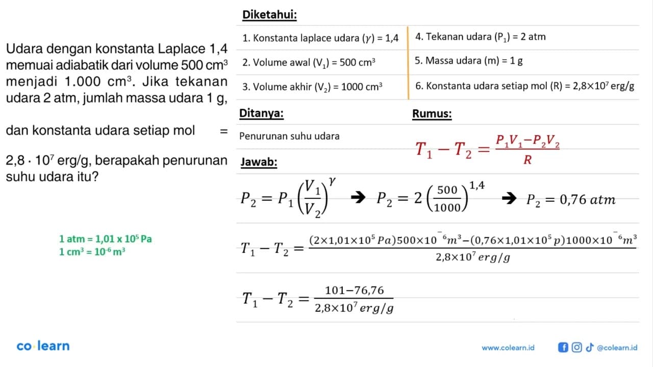 Udara dengan konstanta Laplace 1,4 memuai adiabatik dari