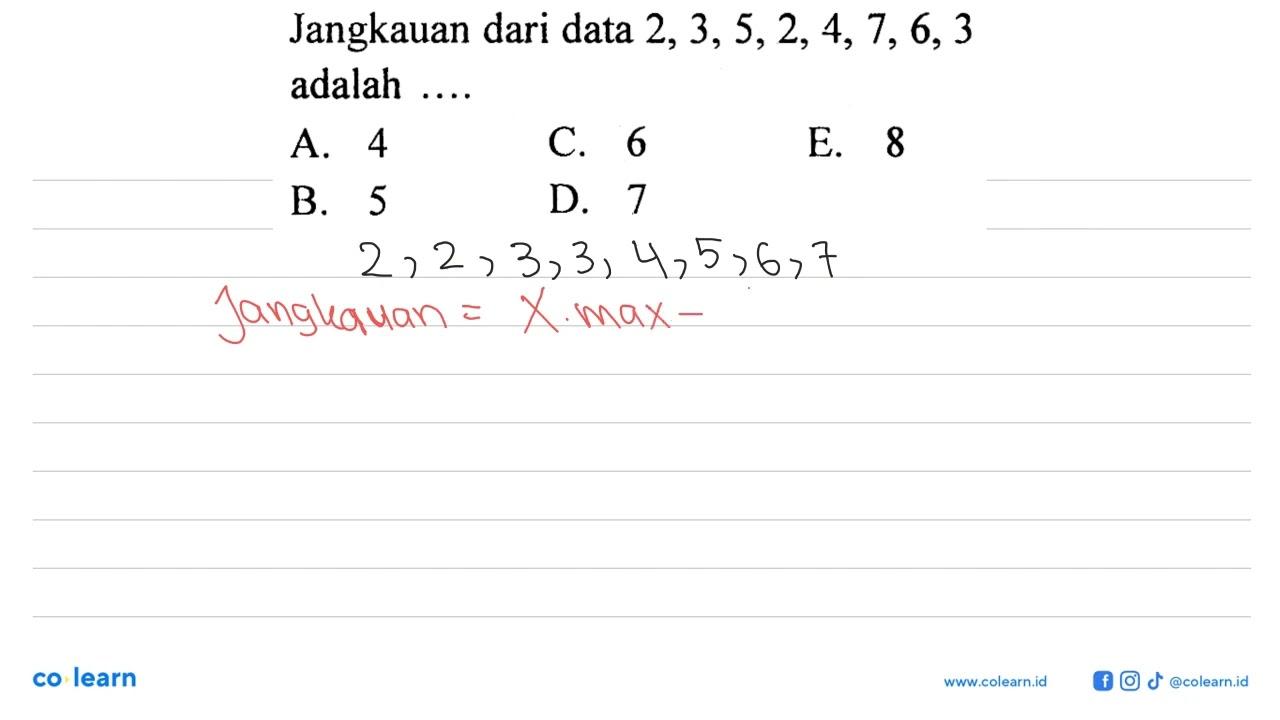 Jangkauan dari data 2, 3, 5, 2, 4, 7, 6, 3 adalah ....