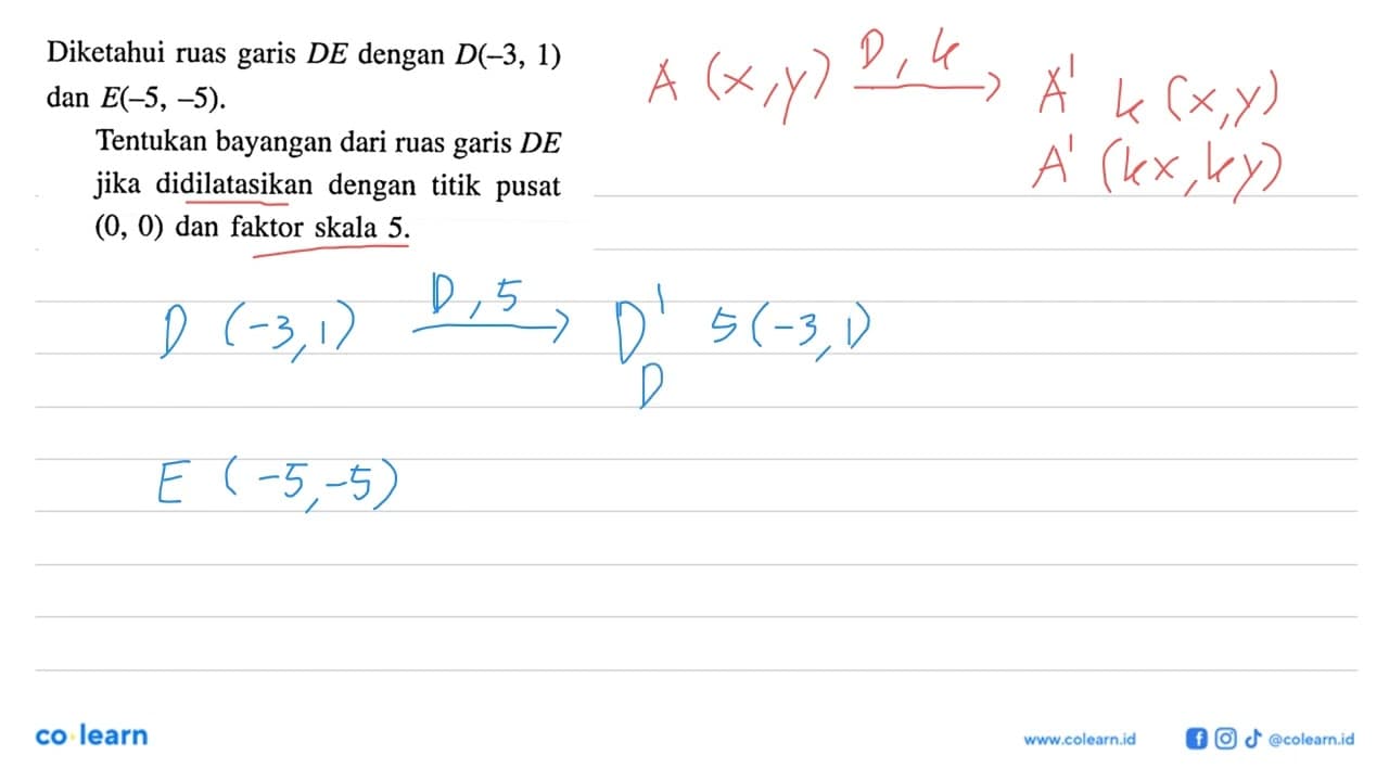 Diketahui ruas garis DE dengan D(-3,1) dan E(-5,-5).