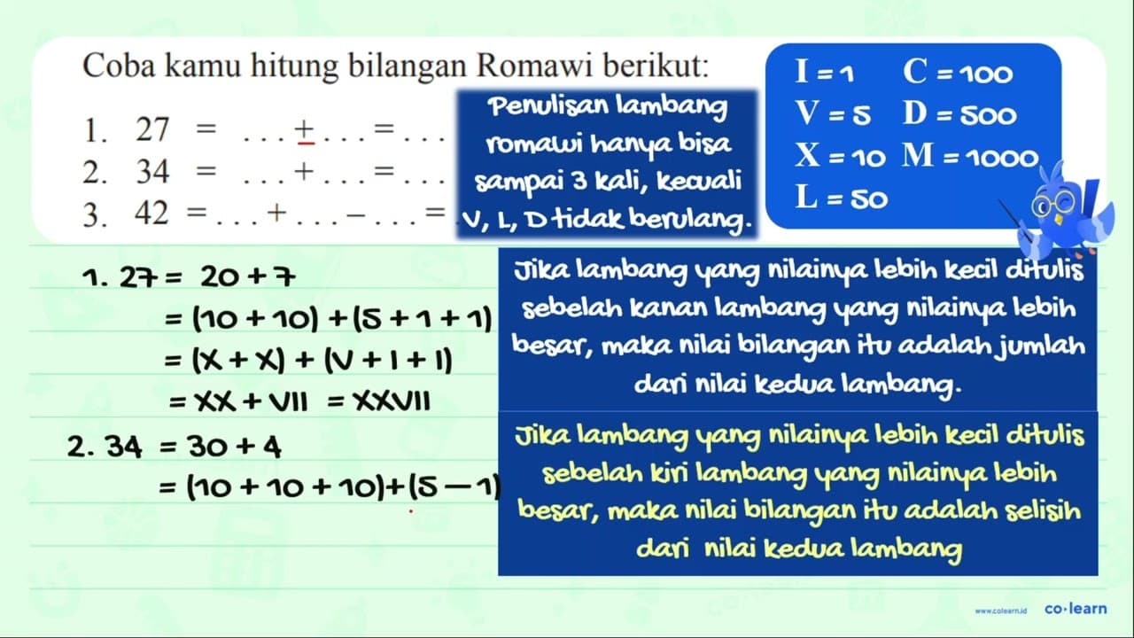 Coba kamu hitung bilangan Romawi berikut: 1. 27=...+...=...