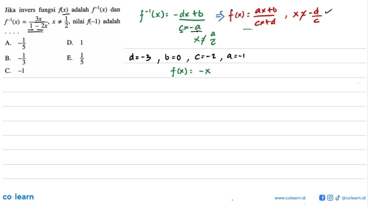 Jika invers fungsi f(x) adalah f^(-1)(x) dan