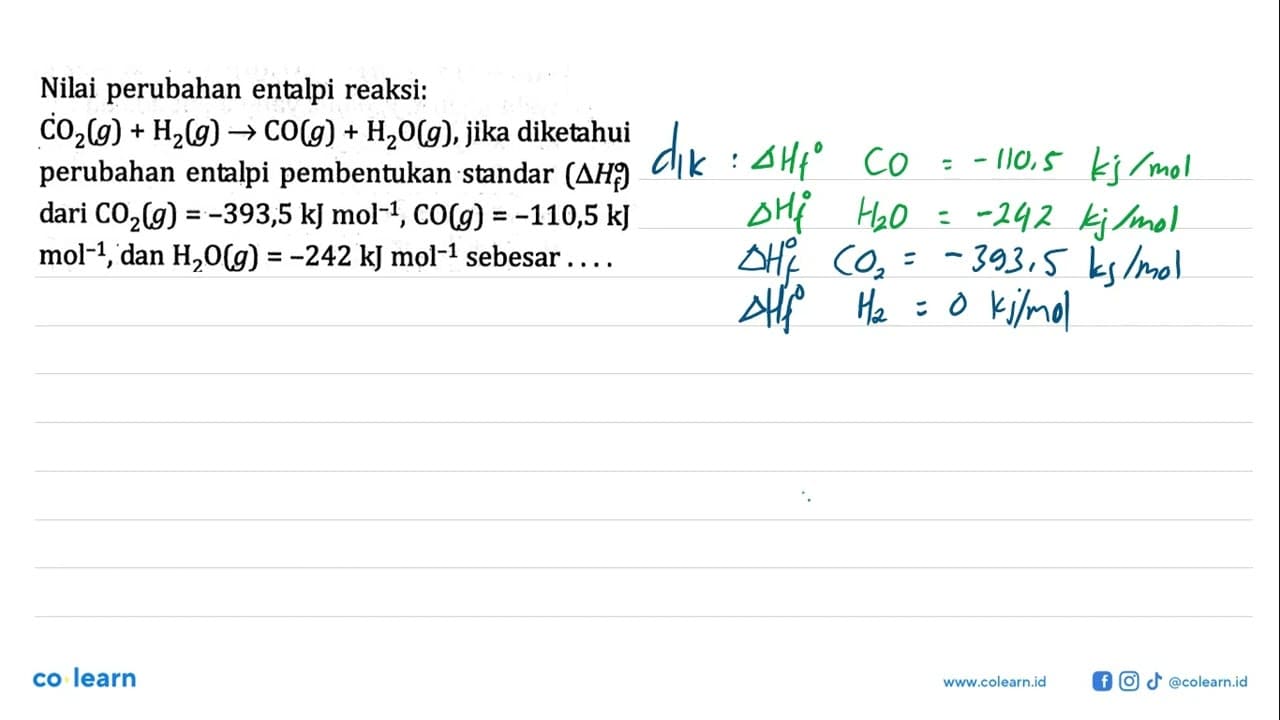 Nilai perubahan entalpi reaksi: CO2 (g) + H2 (g) -> CO (g)