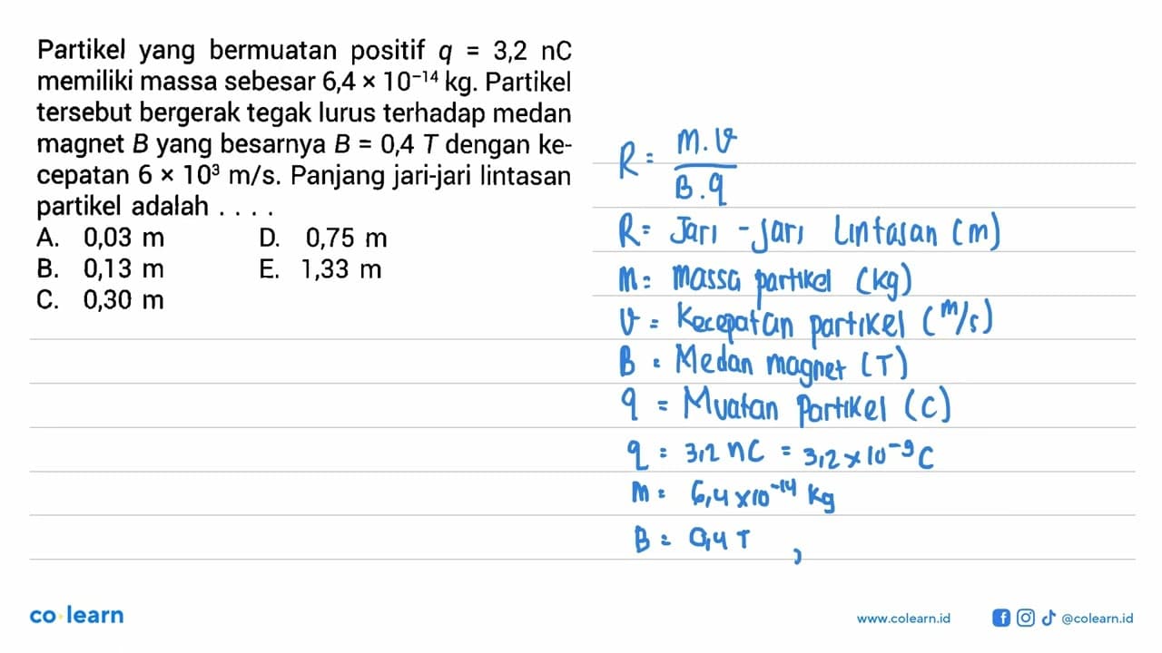 Partikel yang bermuatan positif q = 3,2 nC memiliki massa