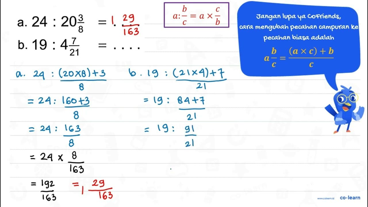 a. 24 : 20 3/8=... b. 19 : 4 7/21=...