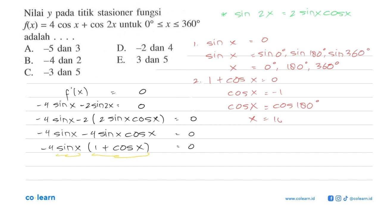 Nilai y pada titik stasioner fungsi f(x) = 4 cos x + cos