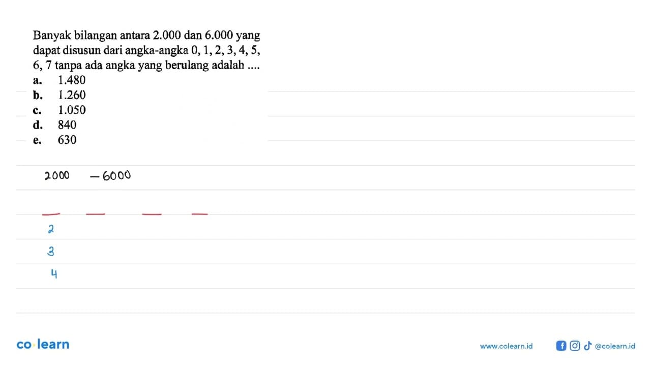 Banyak bilangan antara 2.000 dan 6.000 yang dapat disusun