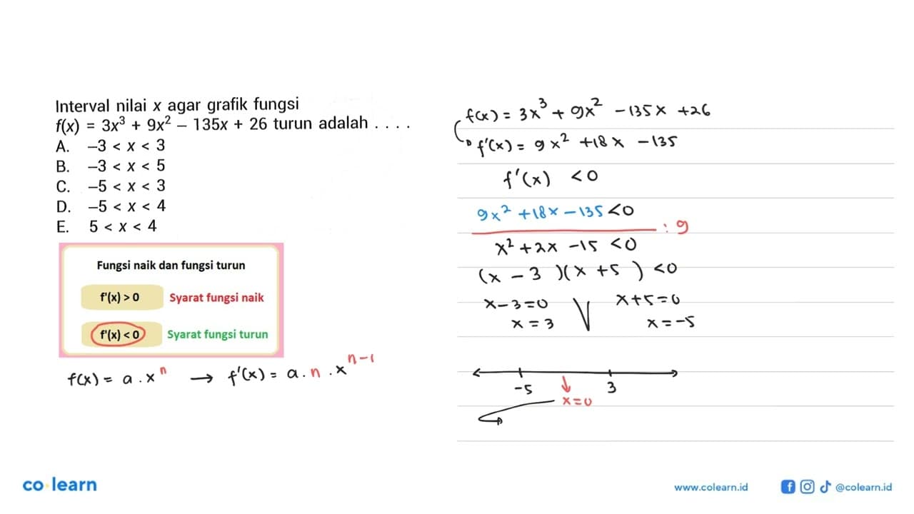 Interval nilai x agar grafik fungsi f(x)=3x^3+9x^2-135x+26