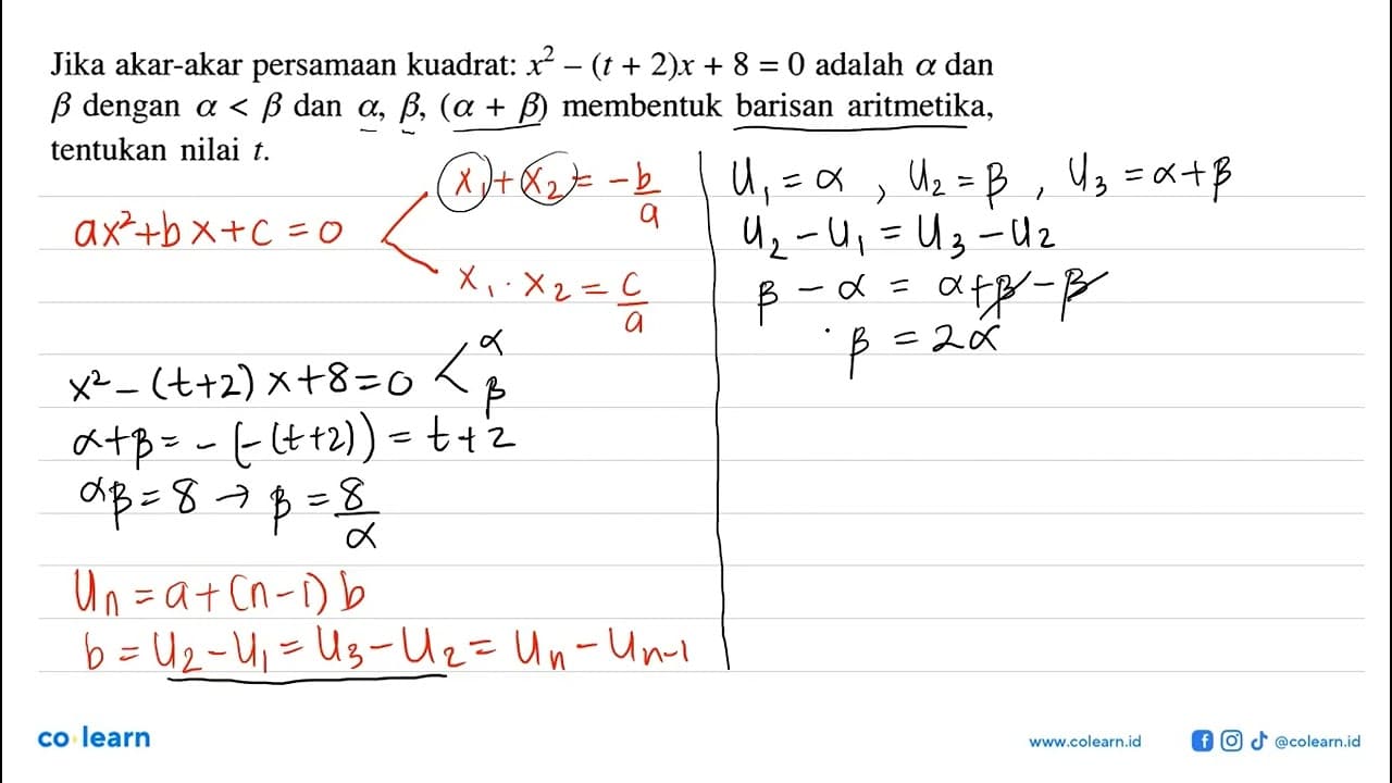 Jika akar-akar persamaan kuadrat: x^2-(t+2)x+8=0 adalah a