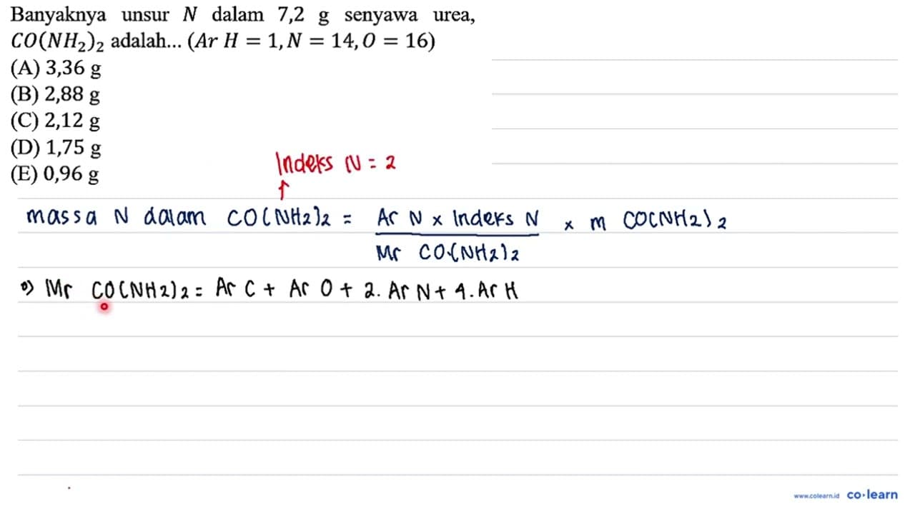 Banyaknya unsur N dalam 7,2 g senyawa urea, CO(NH2)2 adalah