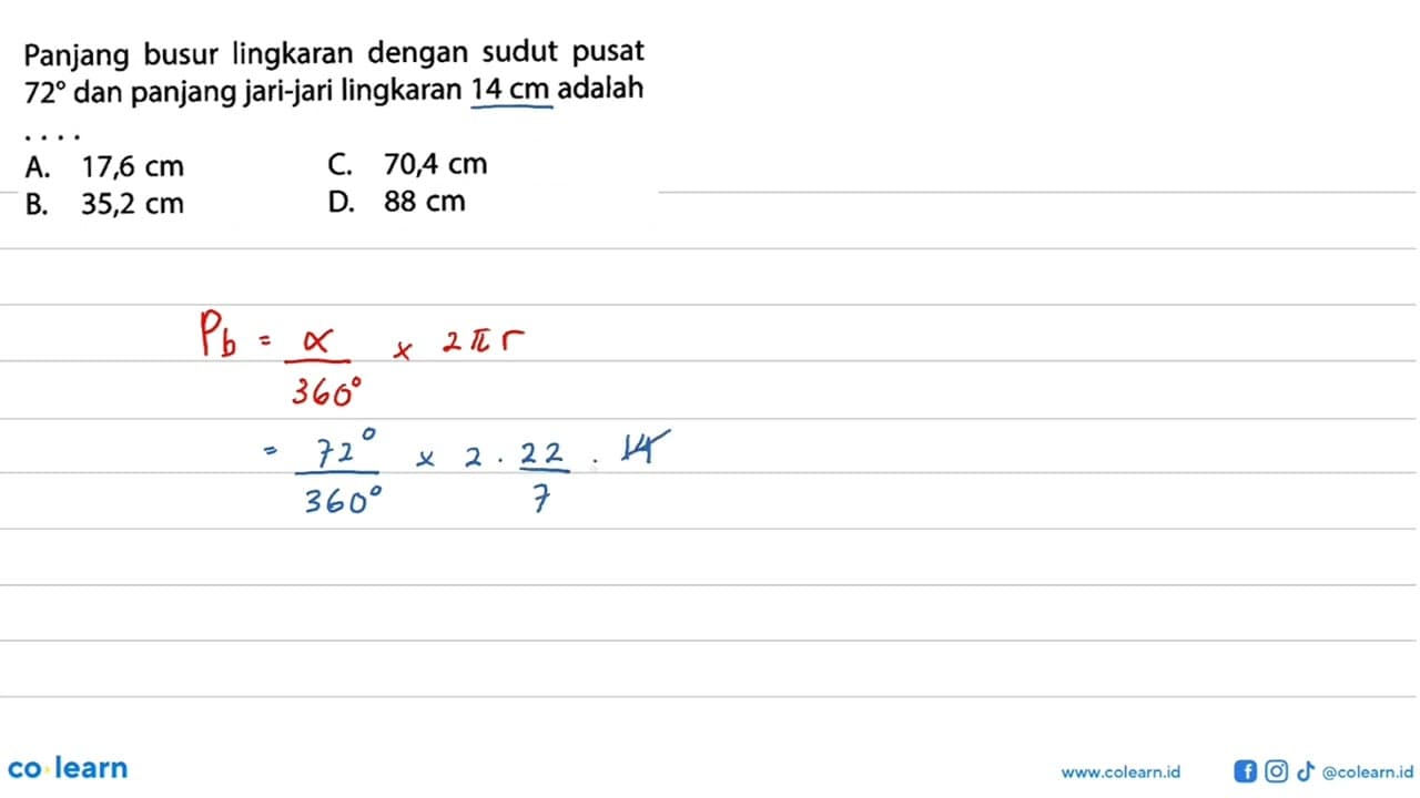 Panjang busur lingkaran dengan sudut pusat 72 dan panjang