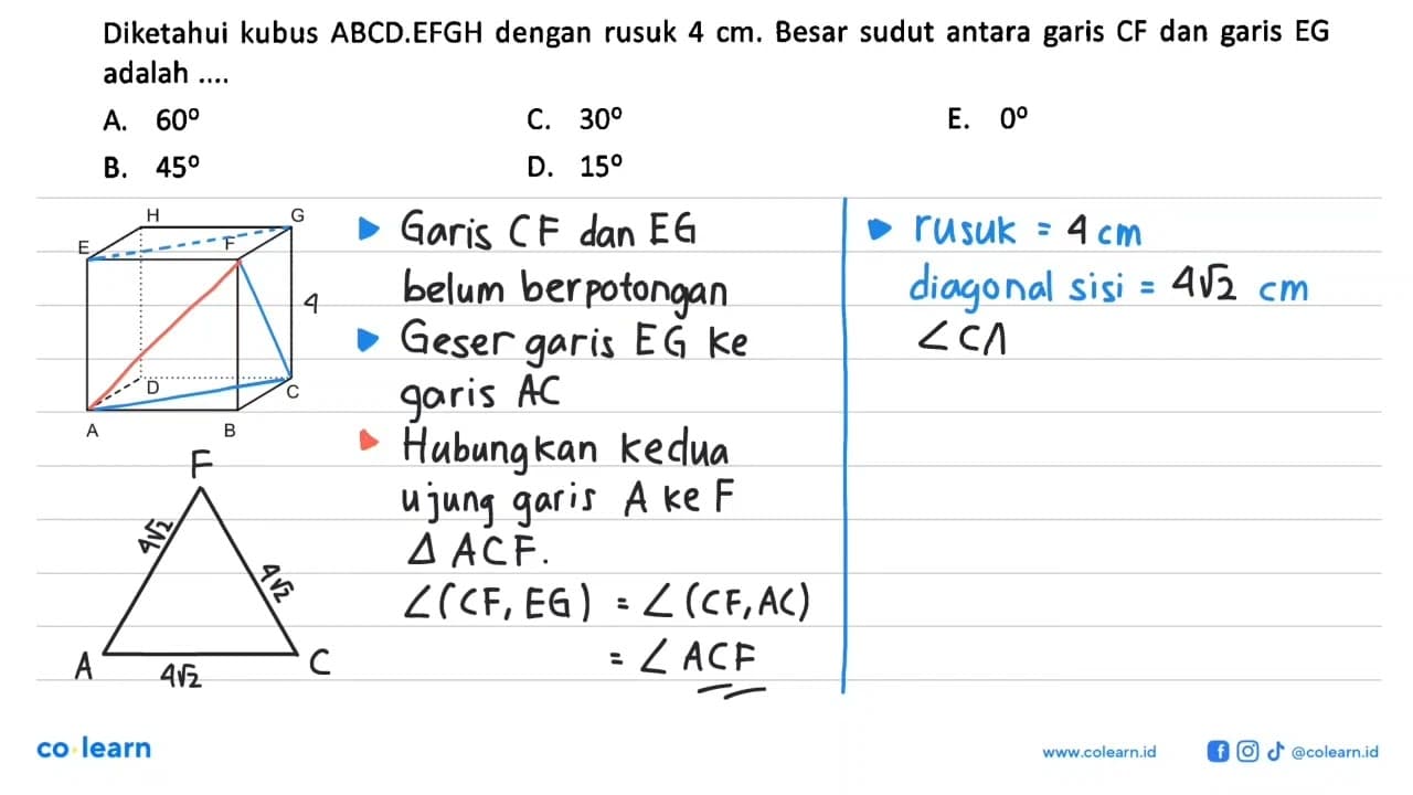 Diketahui kubus ABCD.EFGH dengan rusuk 4 cm. Besar sudut