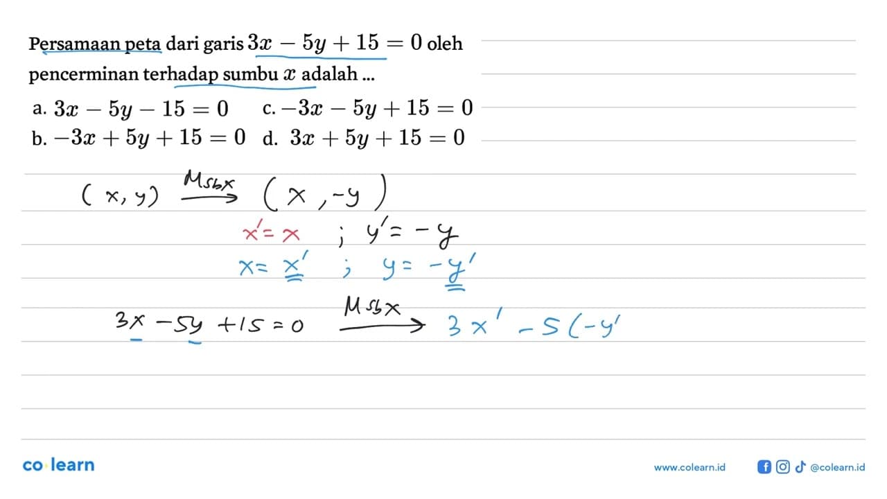 Persamaan peta dari garis 3x - 5y + 15 = 0 oleh pencerminan