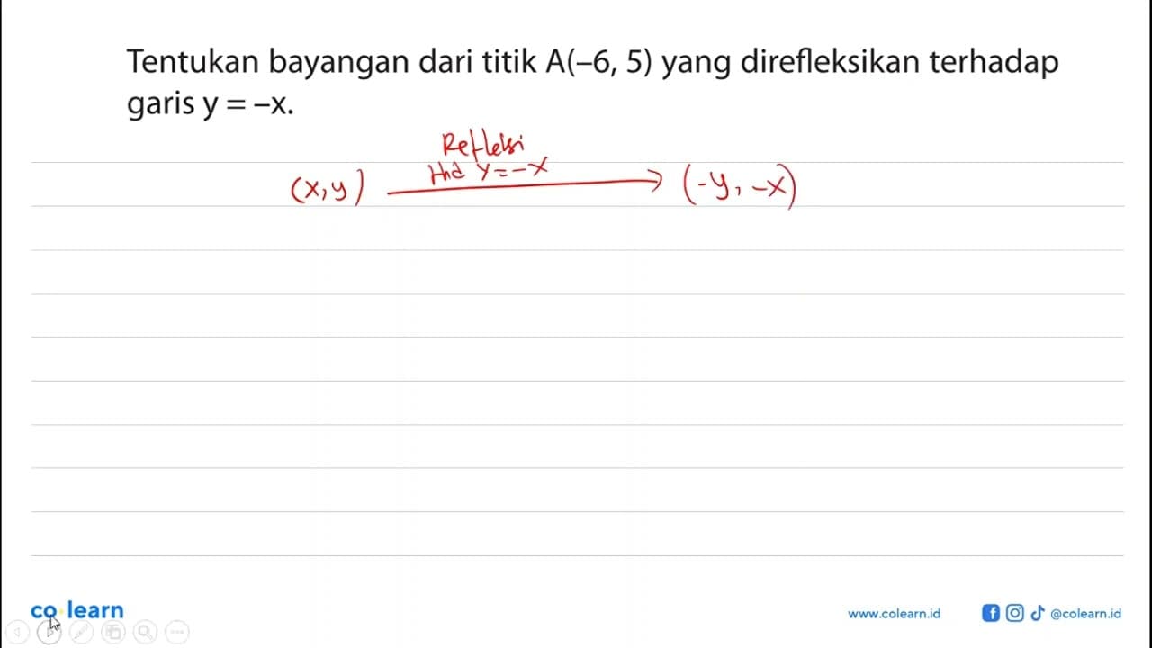 Tentukan bayangan dari titik A(-6, 5) yang direfleksikan