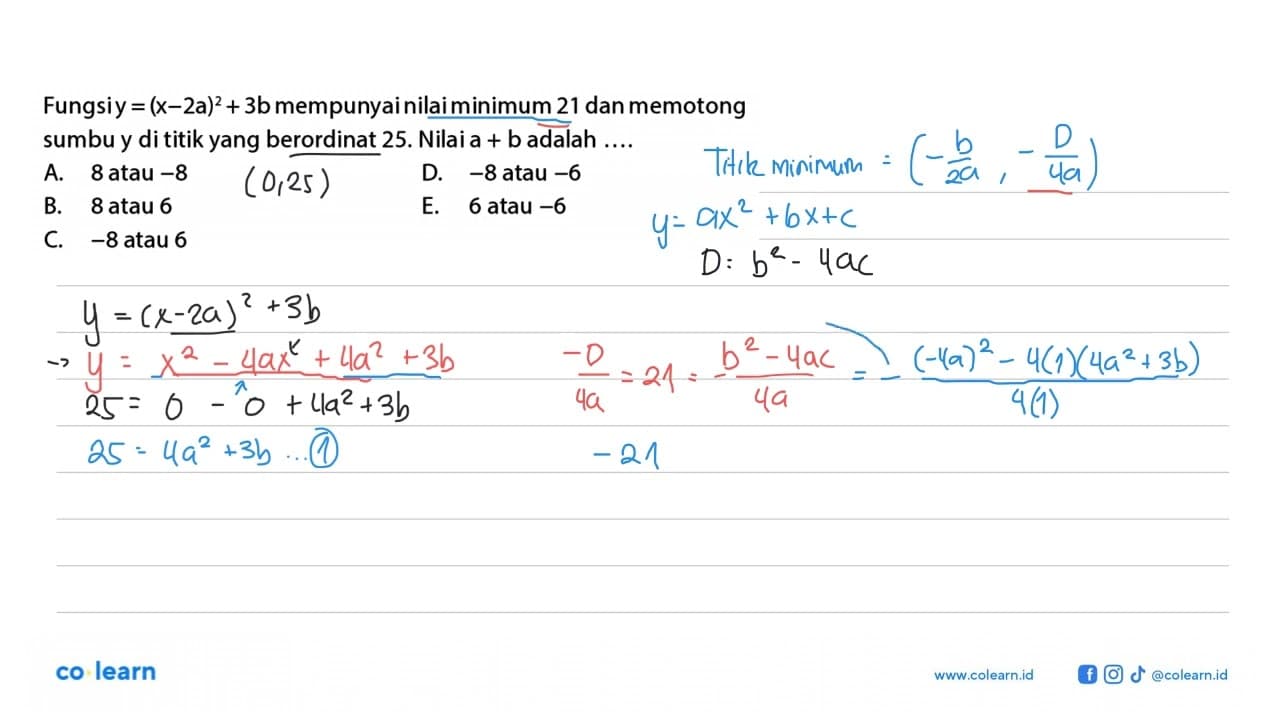 Fungsi y = (x - 2a)^2 + 3b mempunyai nilai minimum 21 dan