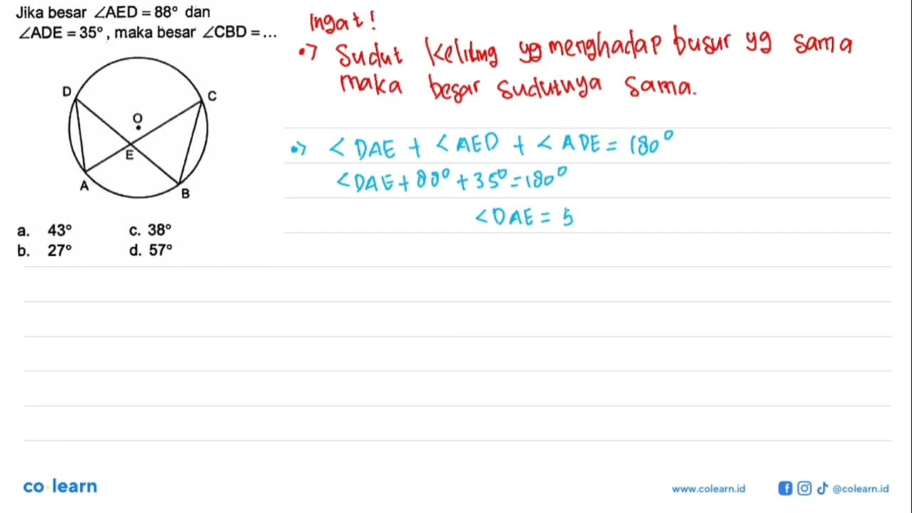 Jika besar sudut AED=88 dan sudut ADE=35 , maka besar sudut