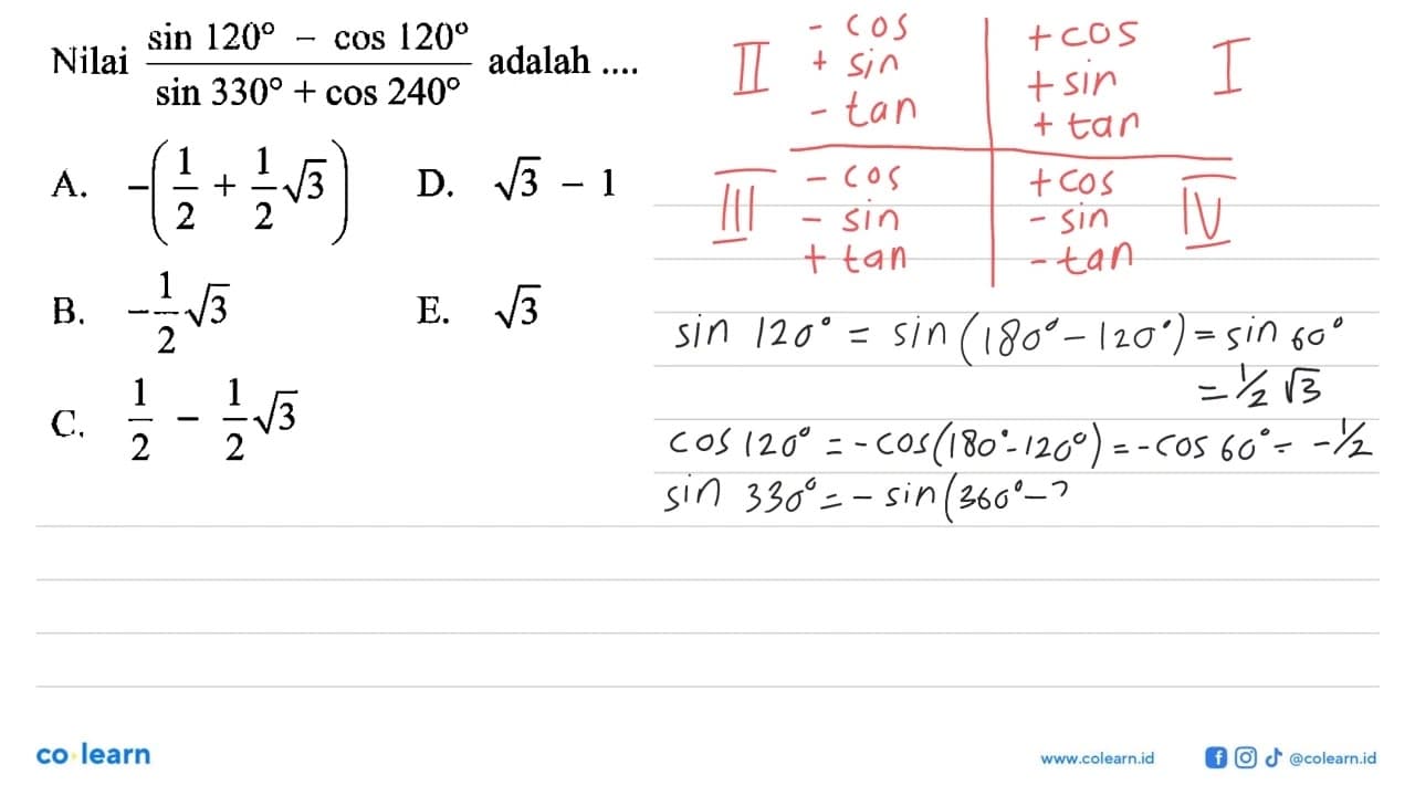 Nilai (sin120-cos120)/(sin330+cos240) adalah...