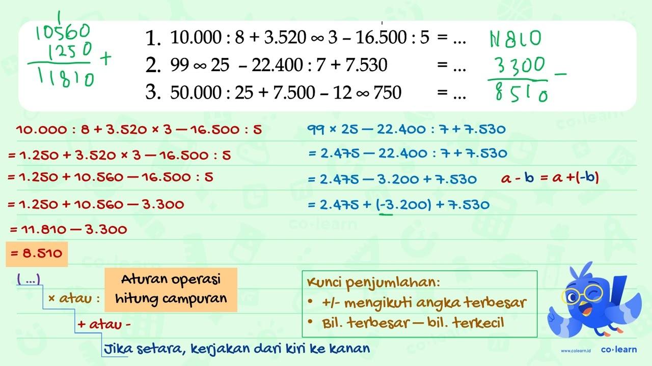 1. 10.000: 8+3.520 x 3-16.500: 5=... 2. 99 x 25-22.400: