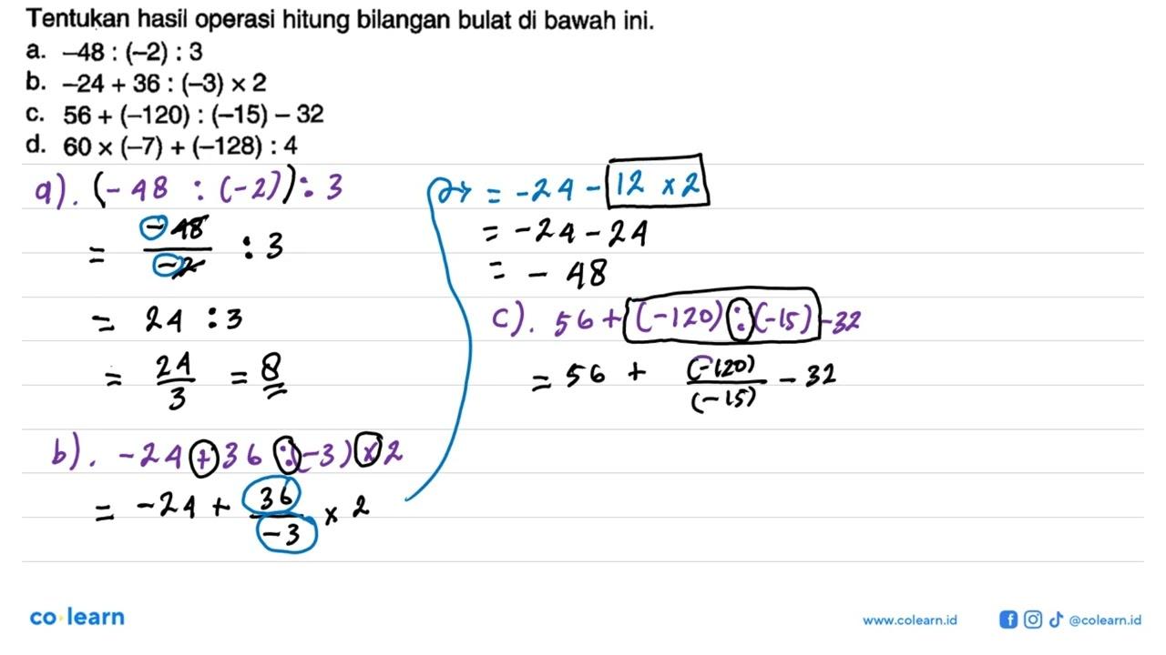 Tentukan hasil operasi hitung bilangan bulat di bawah ini.