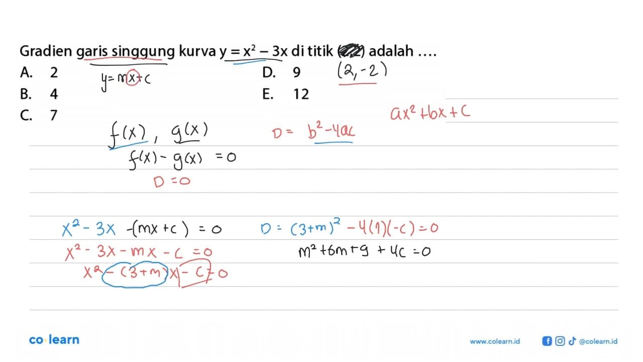 Gradien garis singgung kurva y=x^2-3x di titik (2,2) adalah