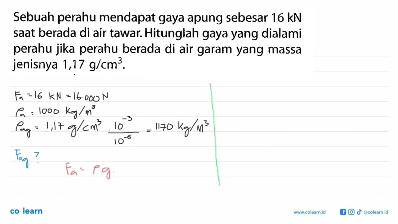 Sebuah perahu mendapat gaya apung sebesar 16 kN saat berada