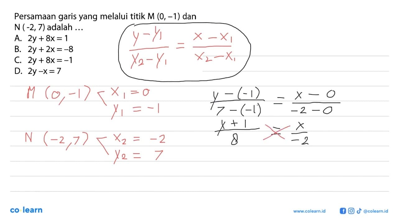 Persamaan garis yang melalui titik M (0, - 1) dan N (-2, 7)