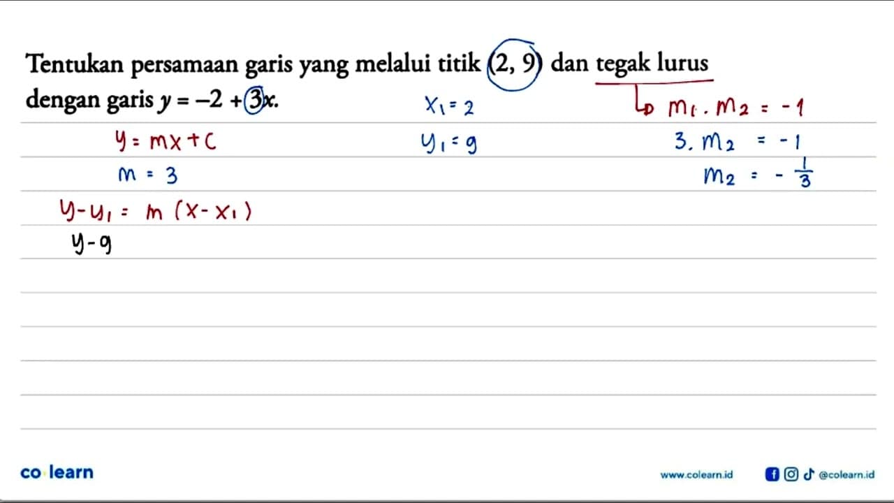 Tentukan persamaan yang melalui titik (2, 9) dan tegak