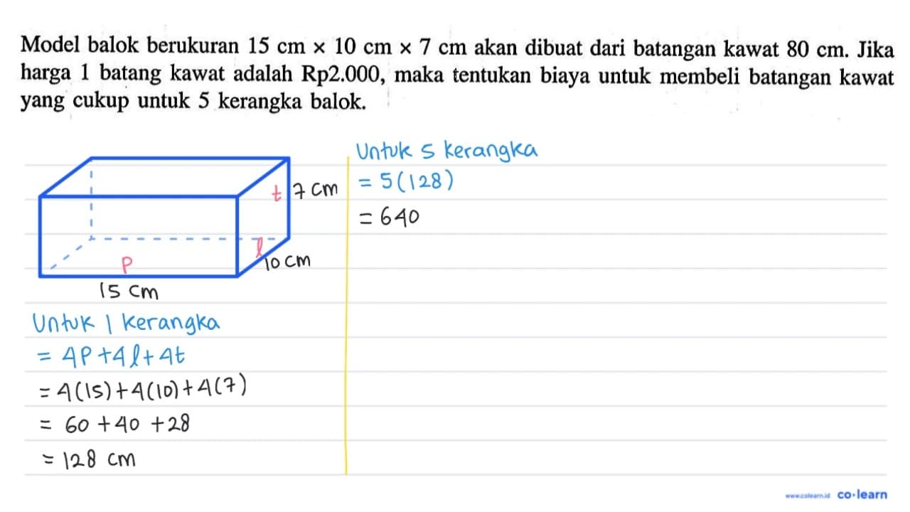 Model balok berukuran 15 cmx10 cmx7 cm akan dibuat dari