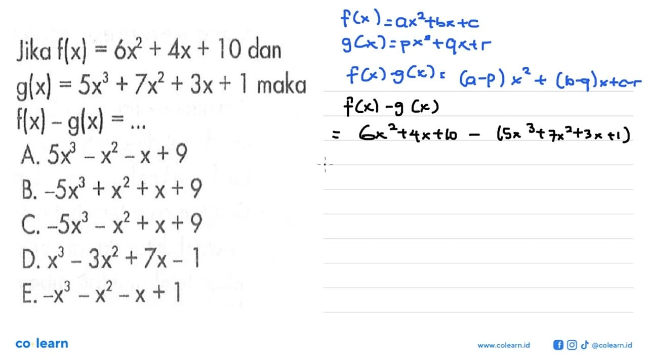 Jika f(x)=6x^2+4x+10 dan g(x)=5x^3+7x^2+3x+1 maka