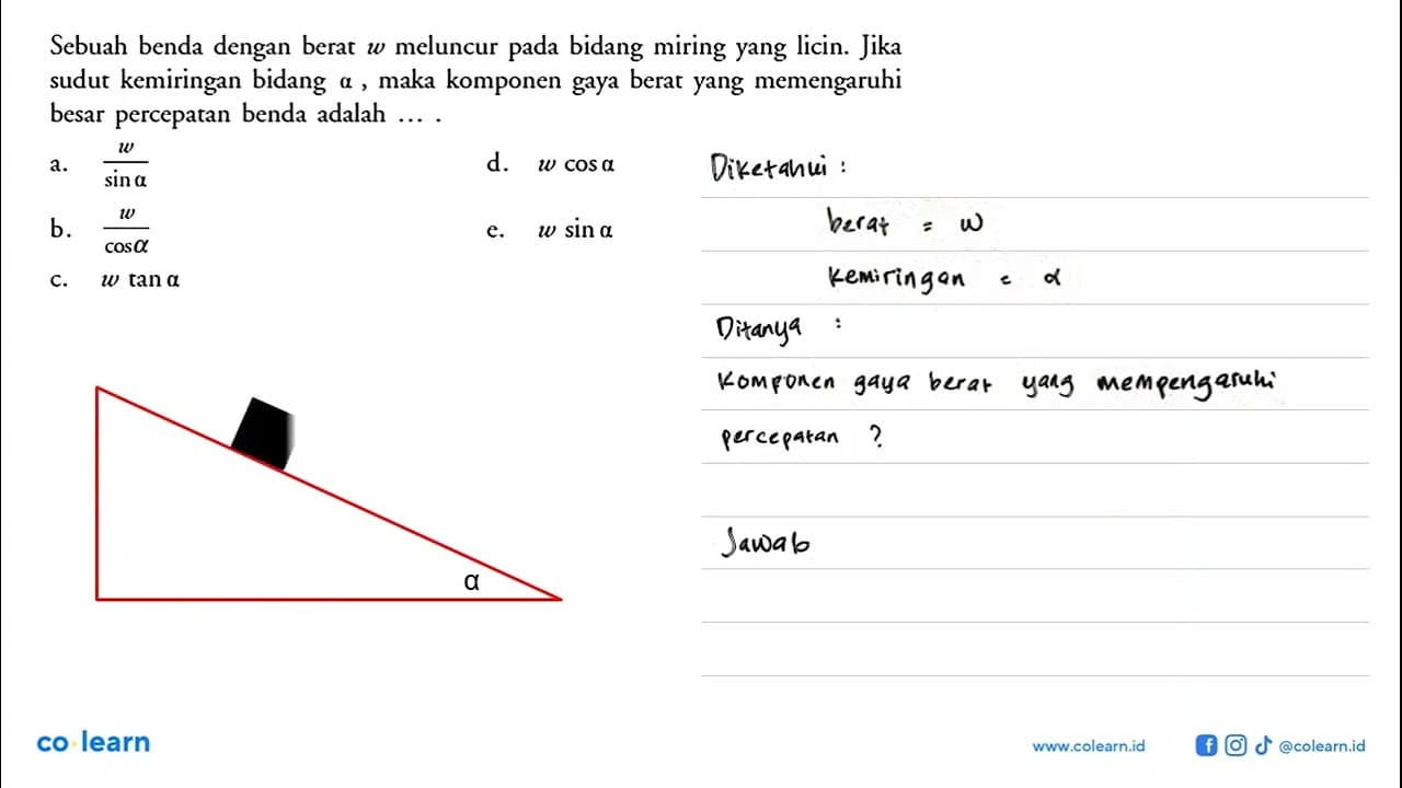 Sebuah benda dengan berat w meluncur pada bidang miring