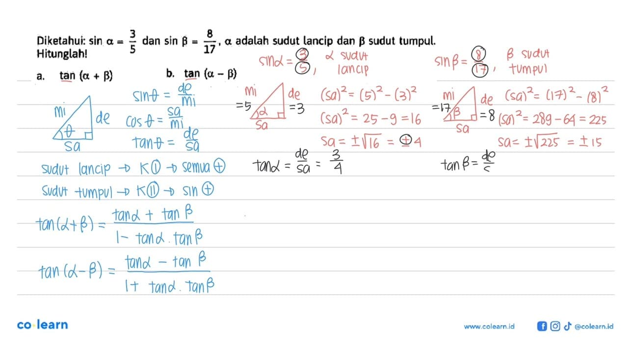 Diketahui: sin alpha=3/5 dan sin beta=8/17, alpha adalah