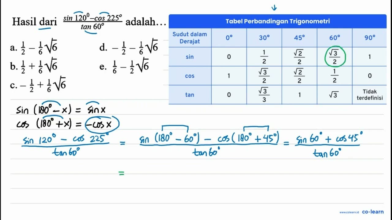 Hasil dari (sin 120 - cos 225)/(tan 60) adalah...