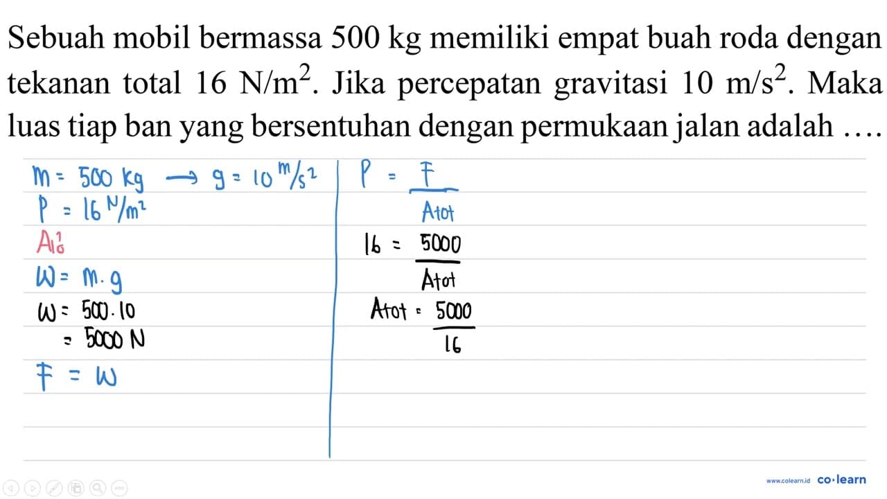 Sebuah mobil bermassa 500 kg memiliki empat buah roda