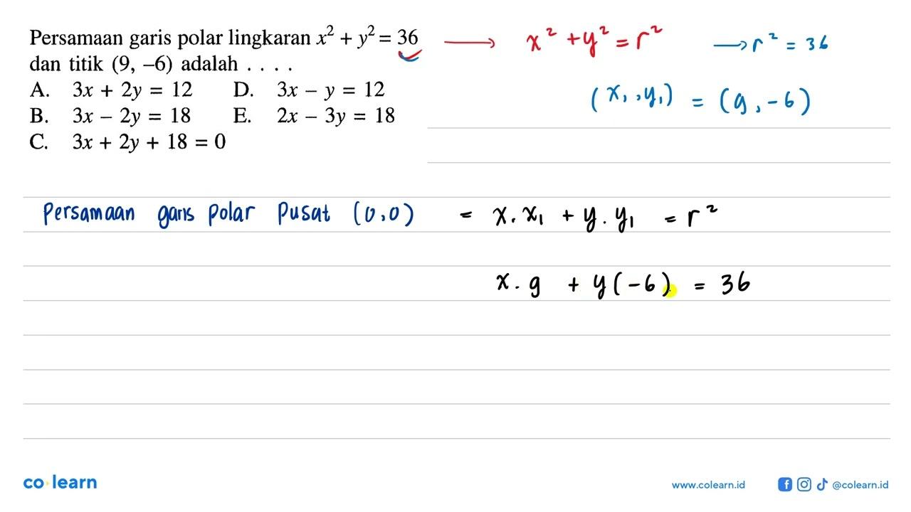 Persamaan garis polar lingkaran x^2 + y^2 = 36 dan titik