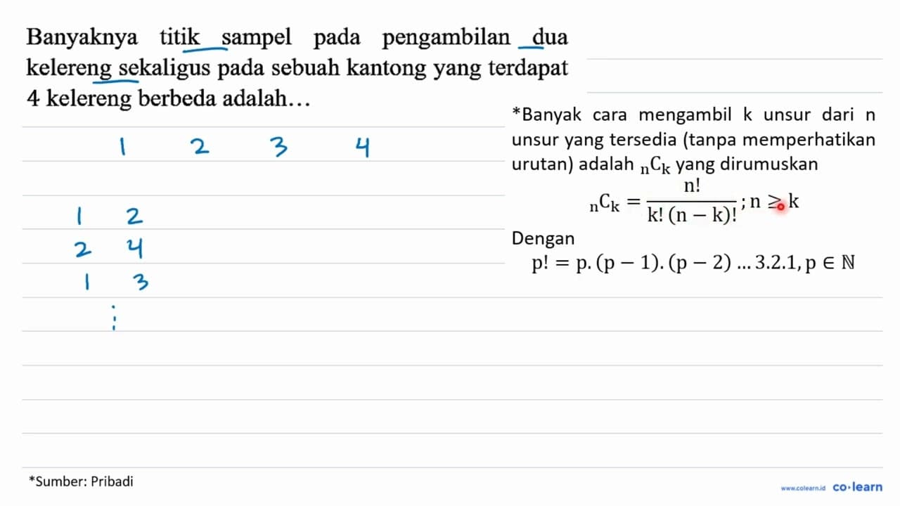Banyaknya titik sampel pada pengambilan dua kelereng