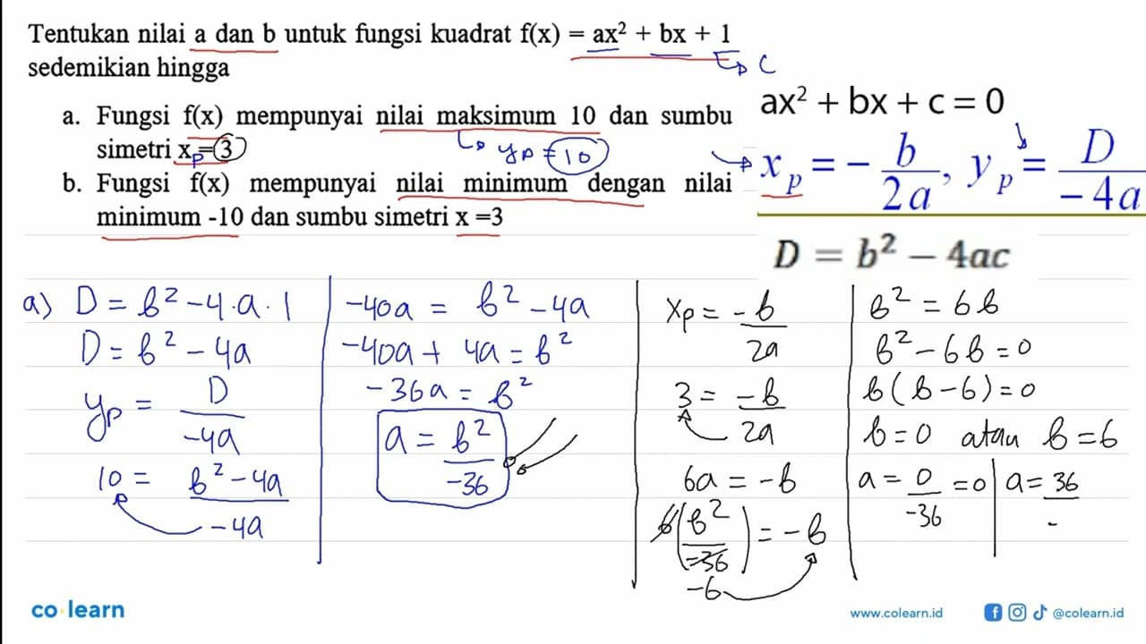 Tentukan nilai a dan b untuk fungsi kuadrat f(x) = ax^2 +