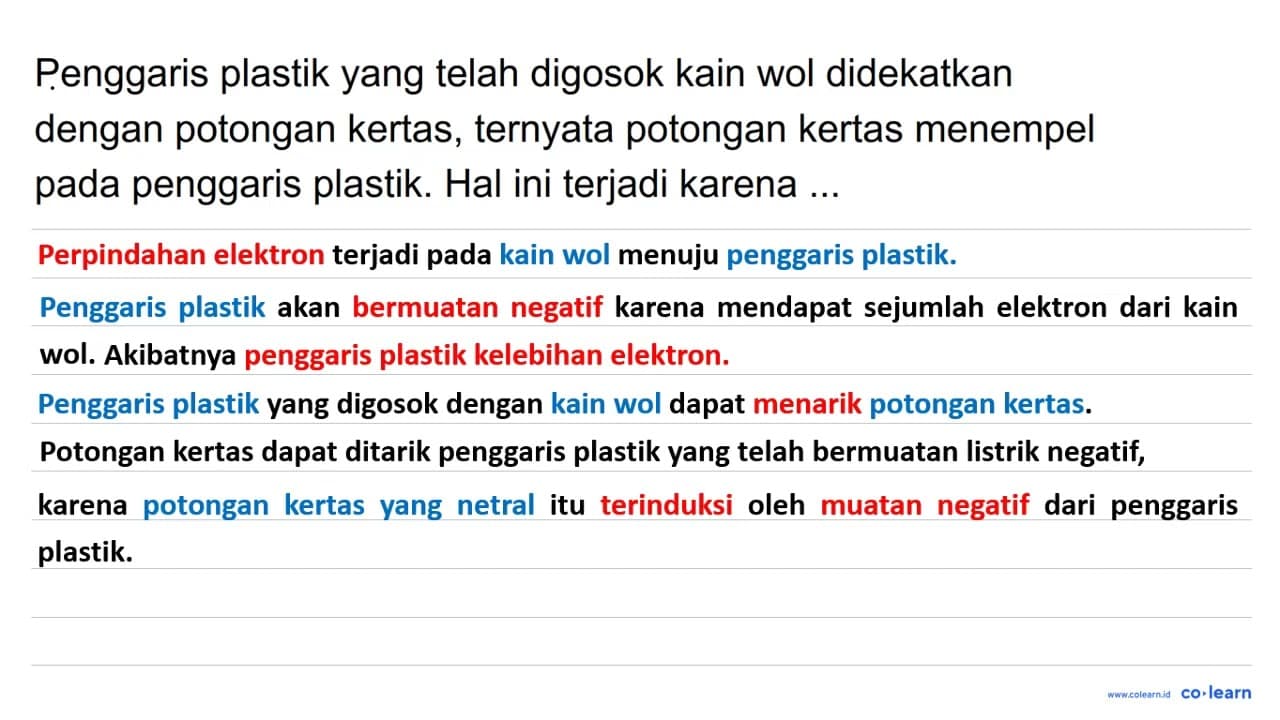 Penggaris plastik yang telah digosok kain wol didekatkan