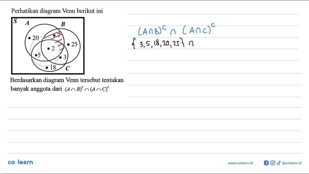 Perhatikan diagram Venn berikut ini A 20 5 2 7 3 18 B 25 C